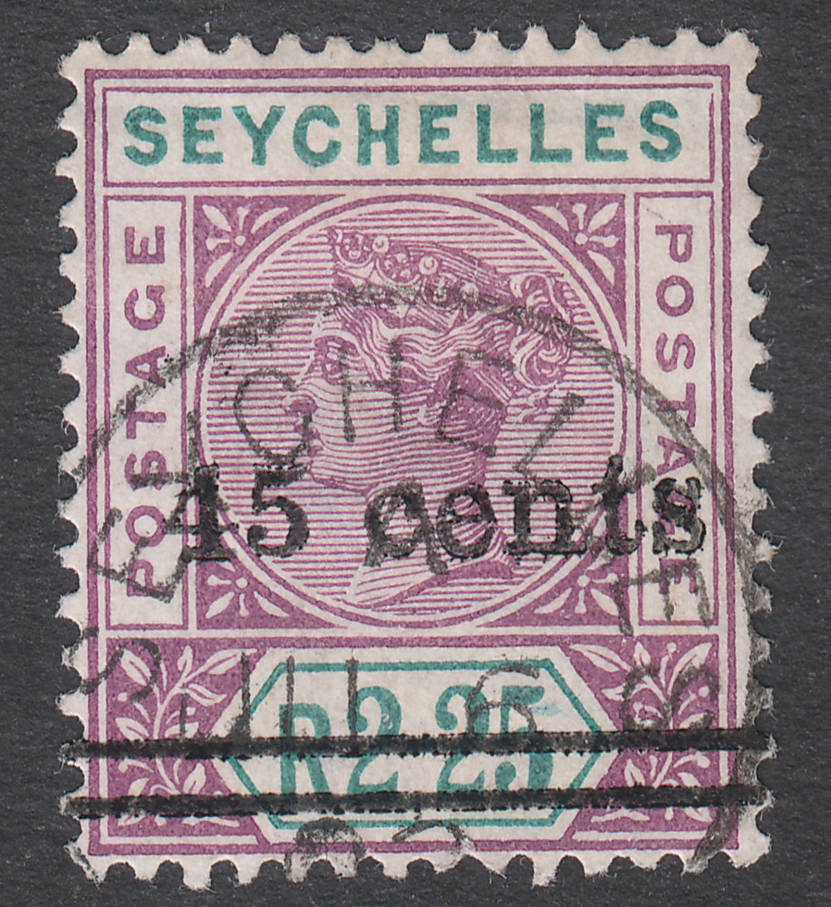 Seychelles 1902 QV 45c Surcharge on 2r25c Bright Mauve + Green Used SG45 cat£100