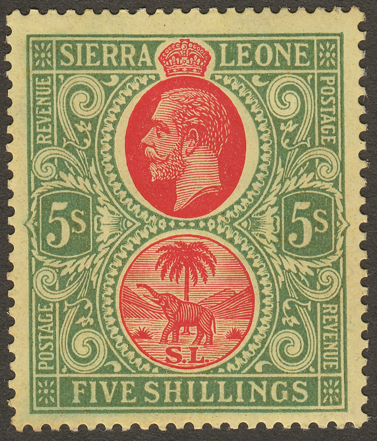 Sierra Leone 1912 KGV 5sh Red and Green on Yellow Mint SG126