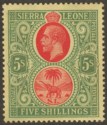 Click for more photos and details Sierra Leone 1912 KGV 5sh Red and Green on Yellow Mint SG126