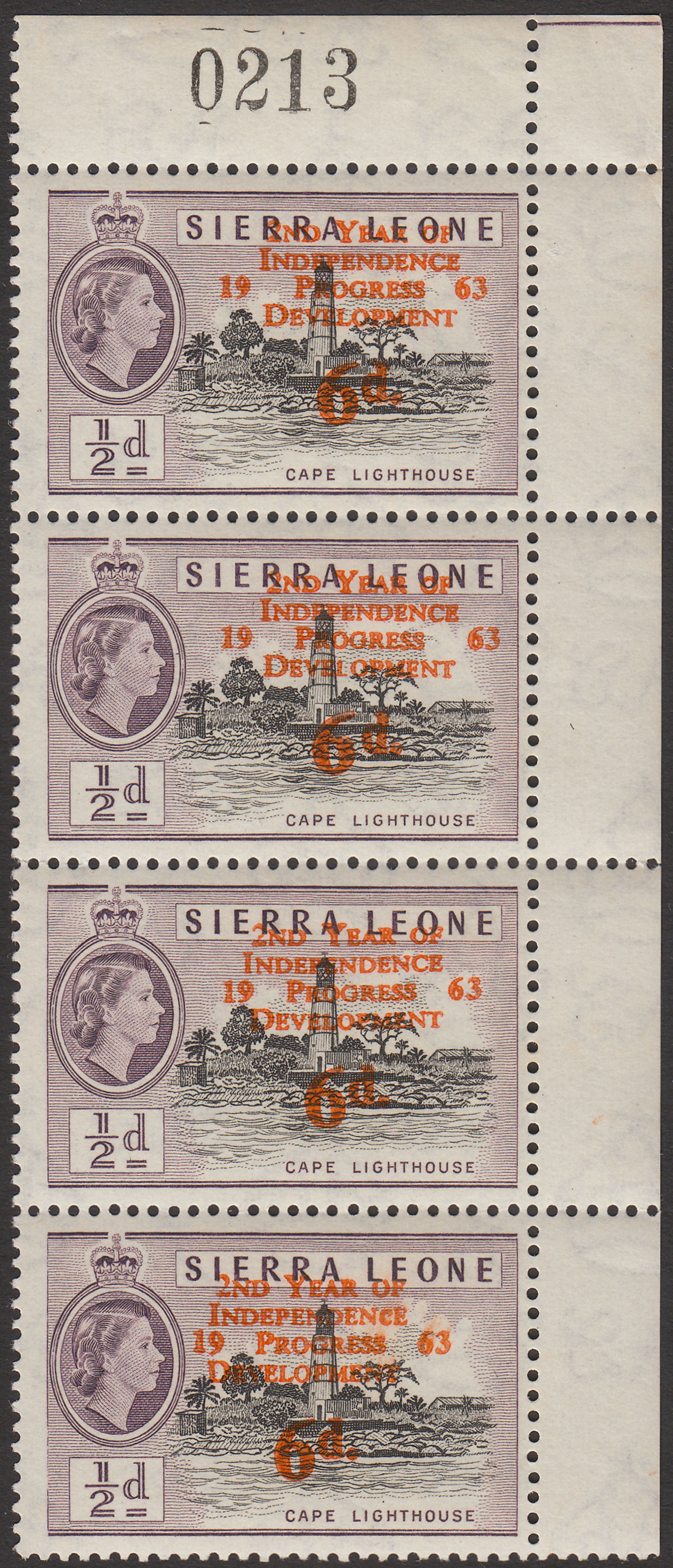 Sierra Leone 1963 Independence 6d Surcharge Strip w Small c Variety Mint SG259a