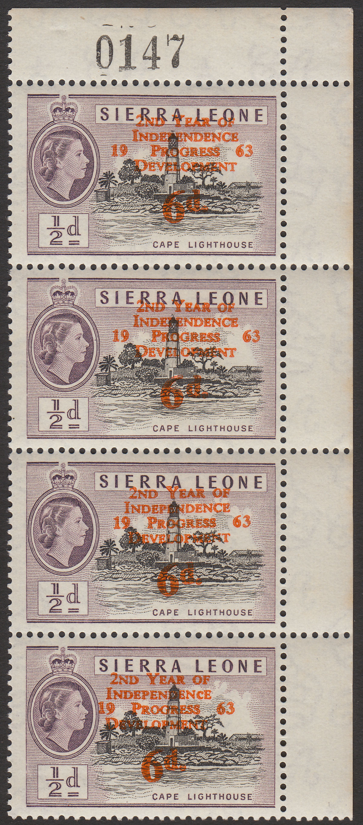 Sierra Leone 1963 Independence 6d Surcharge Strip w Small c Variety Mint SG259a