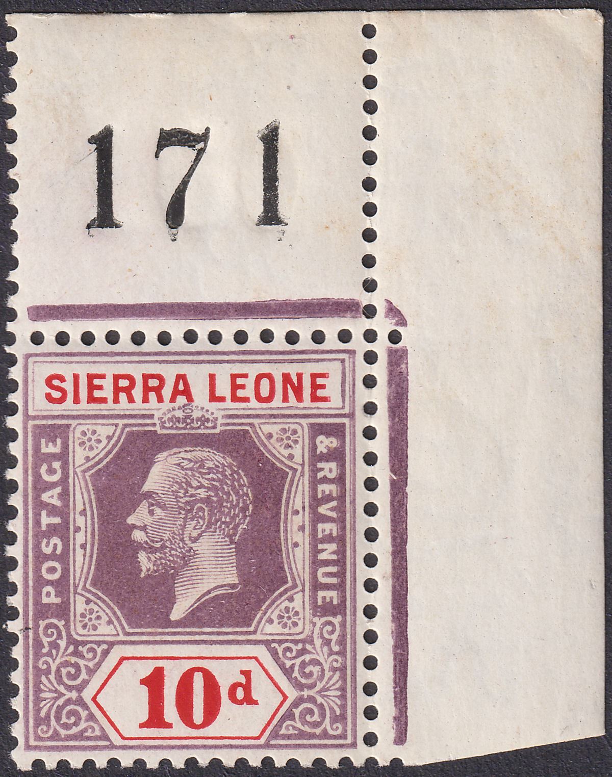 Sierra Leone 1925 KGV 10d Purple + Red Sheet No Corner Margin Mint SG142 cat £10