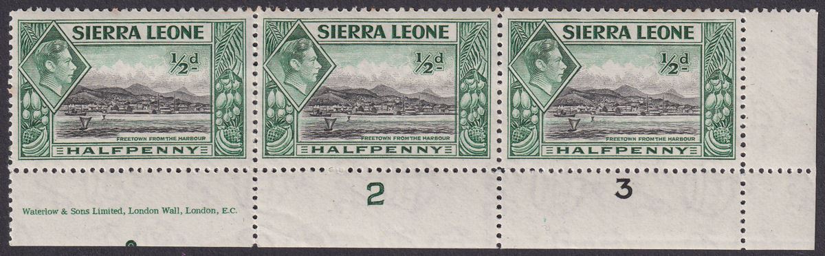 Sierra Leone 1938 KGVI ½d Black + Blue-Green Plate 2/3 Strip of 3 Mint SG188