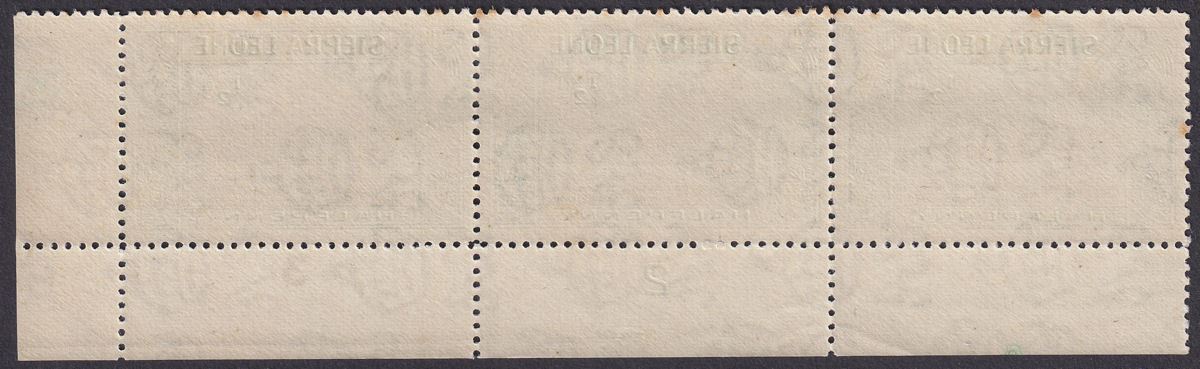 Sierra Leone 1938 KGVI ½d Black + Blue-Green Plate 2/3 Strip of 3 Mint SG188
