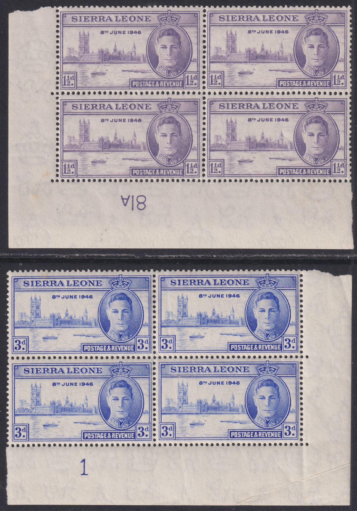 Sierra Leone 1946 KGVI Victory 1½d, 3d Plate No Blocks of 4 Mint