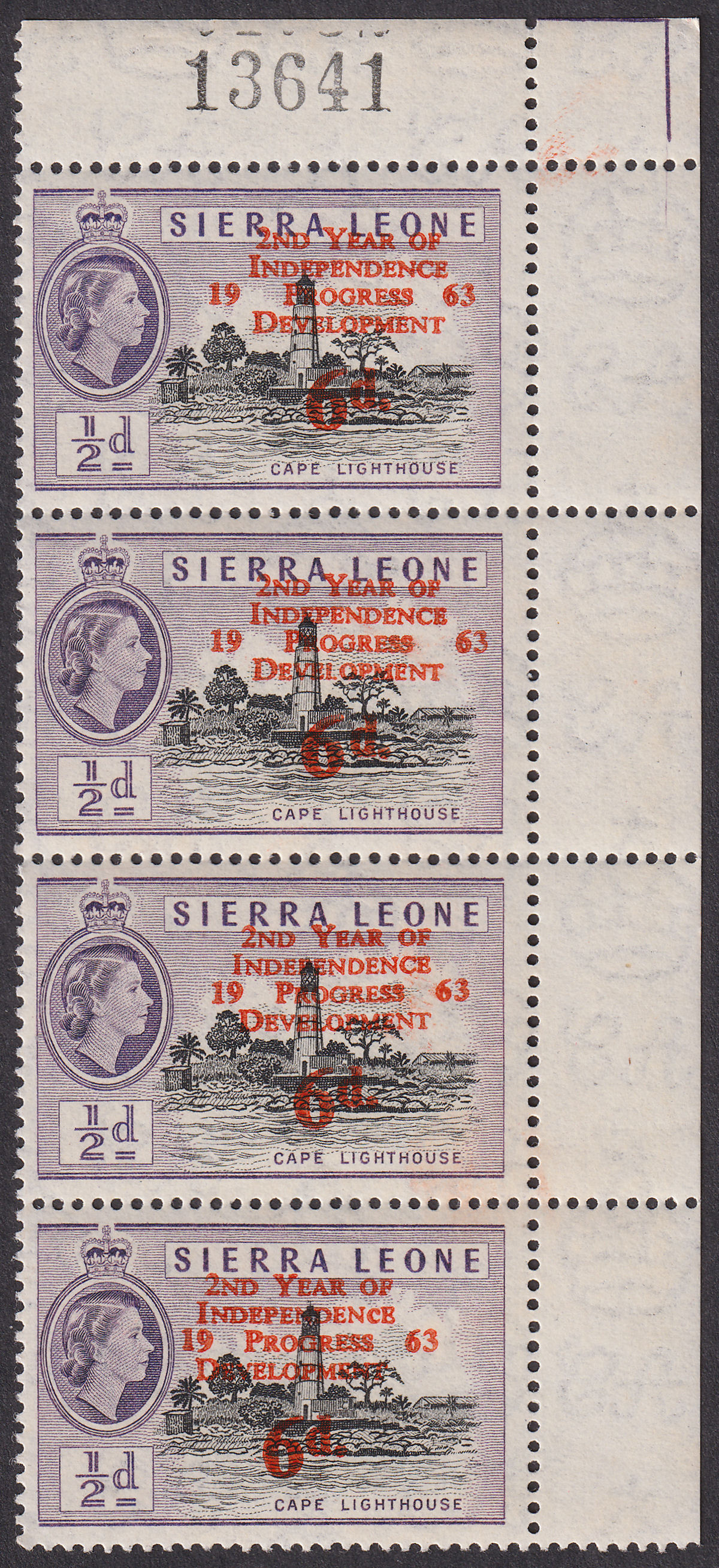 Sierra Leone 1963 Independence 6d Surcharge Strip w Small c Variety Mint SG259a