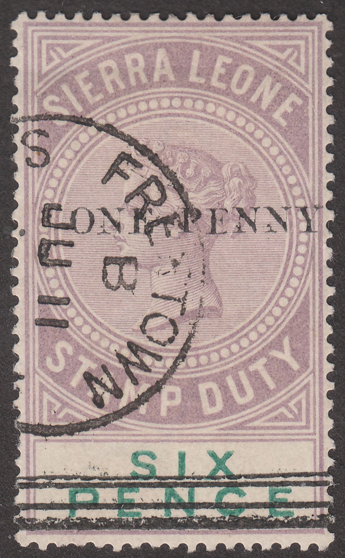 Sierra Leone 1894 QV Revenue Stamp Duty 1d Surcharge on 6d Used BF9 w postmark*