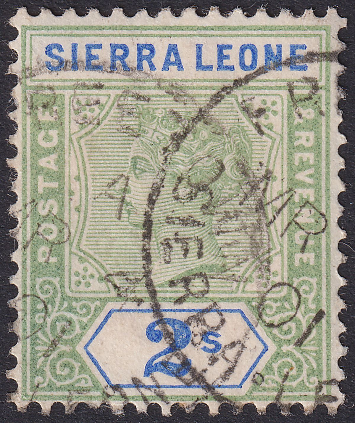 Sierra Leone 1896 QV 2sh Green and Ultramarine Used SG51 cat £80