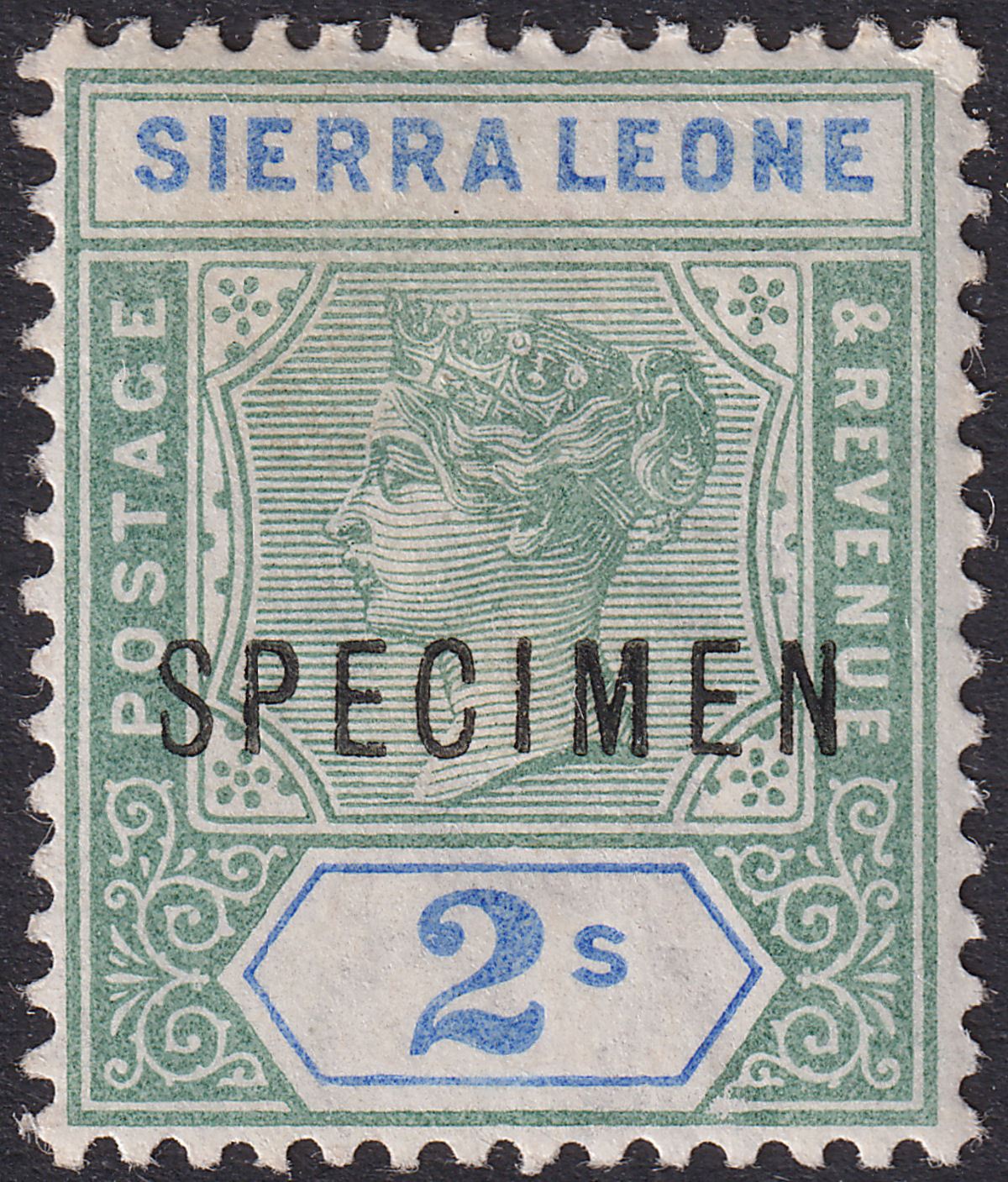Sierra Leone 1896 QV SPECIMEN 2sh Green and Ultramarine Mint SG51s