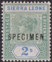 Click for more photos and details Sierra Leone 1896 QV SPECIMEN 2sh Green and Ultramarine Mint SG51s