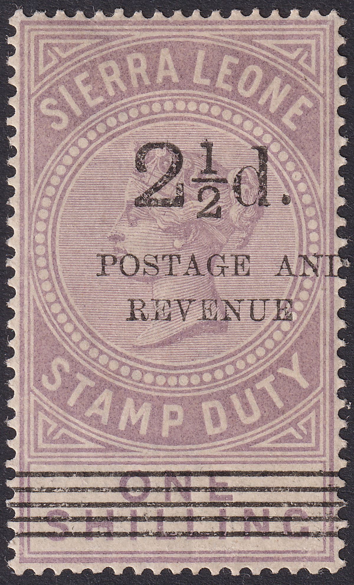 Sierra Leone 1897 QV 2½d on 1sh Dull Lilac Surcharge Type 8 Mint SG63 cat £120