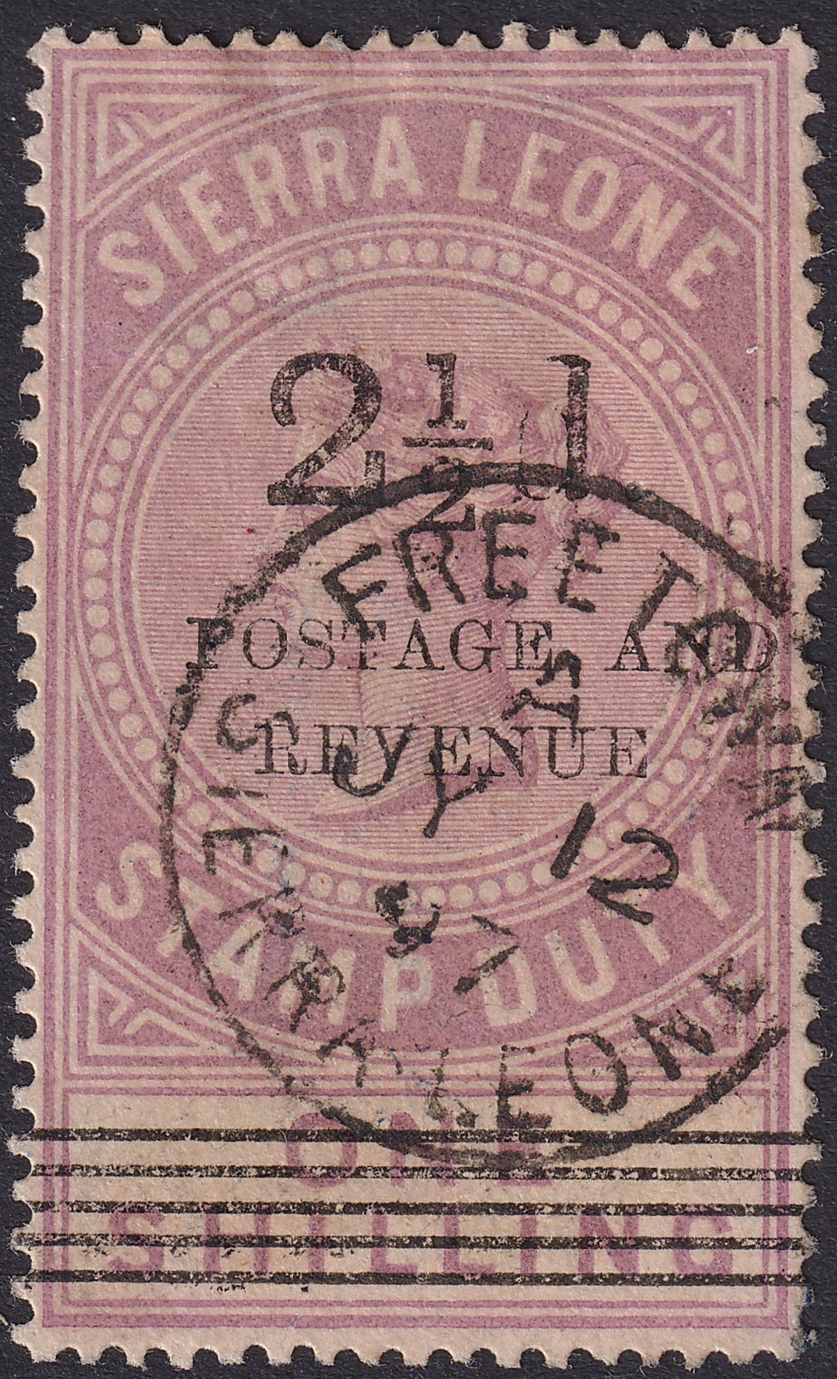 Sierra Leone 1897 QV 2½d on 1sh Dull Lilac Surcharge Type 8 Used SG63 cat £100