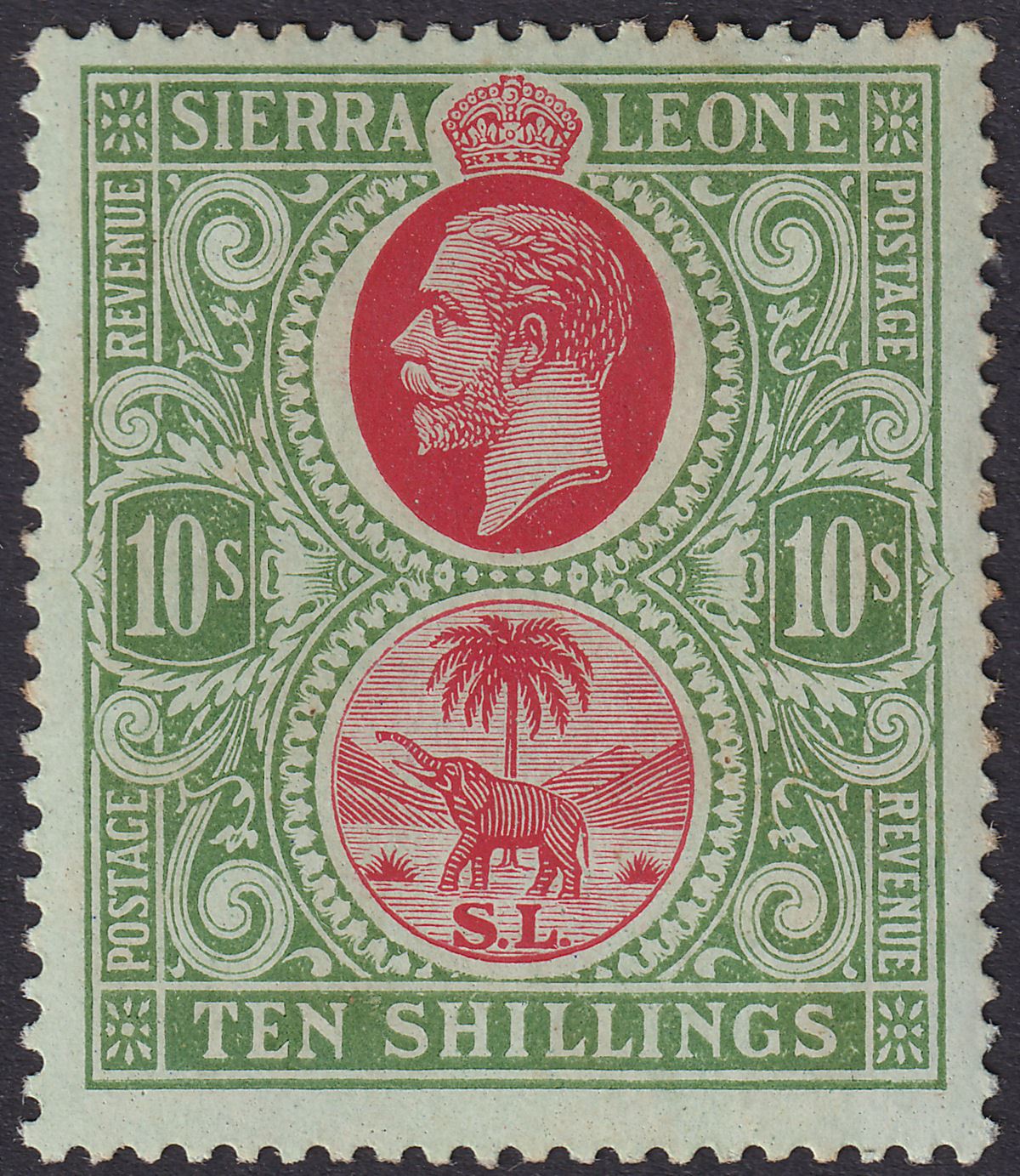Sierra Leone 1912 KGV 10sh Carmine + Yellow-Green on Green Mint SG127b cat £170