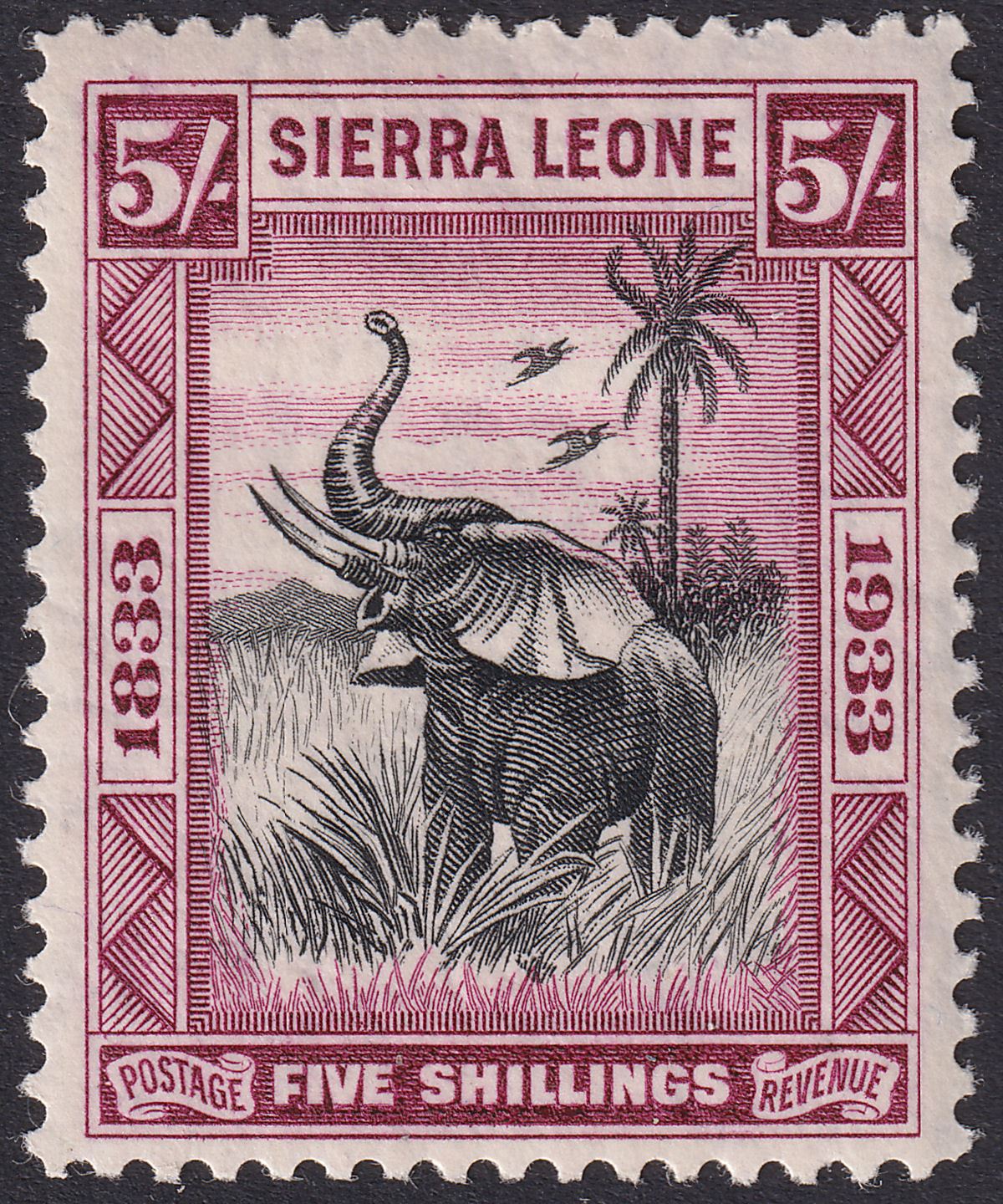 Sierra Leone 1933 KGV Wilberforce Elephant 5sh Black and Purple Mint SG178 c£160