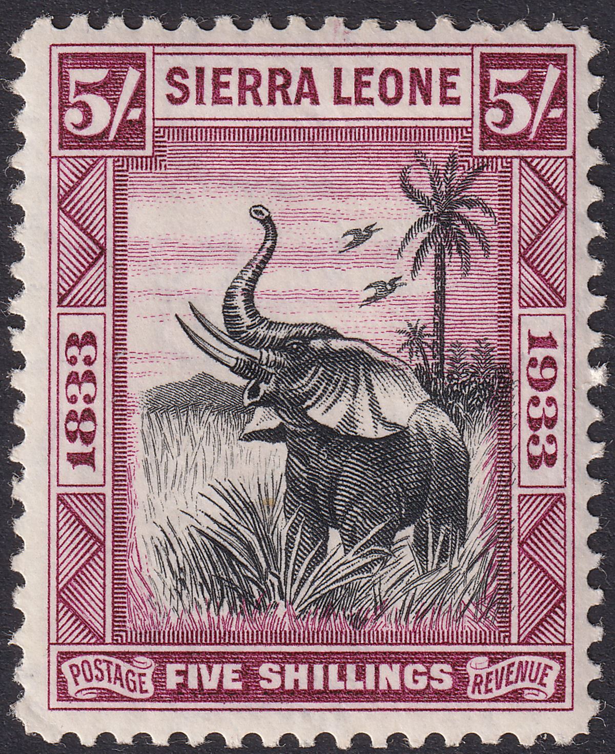 Sierra Leone 1933 KGV Wilberforce Elephant 5sh Black and Purple Mint SG178 c£160