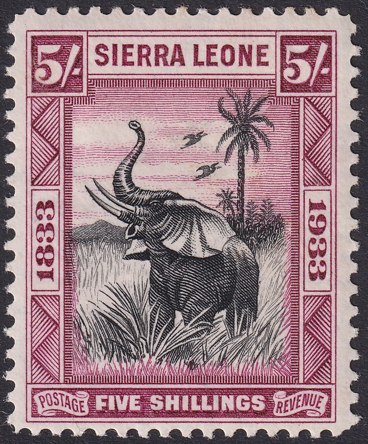 Sierra Leone 1933 KGV Wilberforce Elephant 5sh Black and Purple Mint SG178 c£160