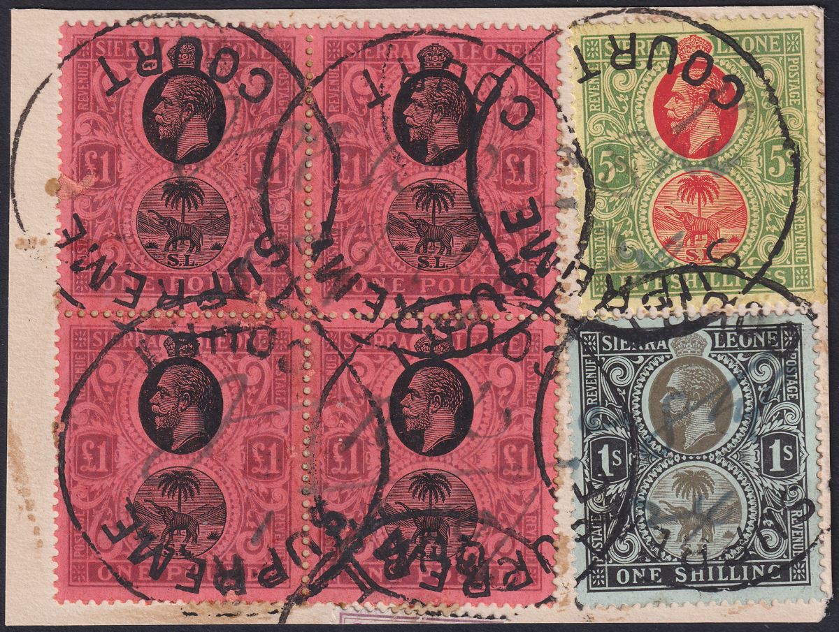 Sierra Leone 1924 KGV £1 Blk + 5sh + 1sh Fiscally Used Piece SG124 SG126 SG128
