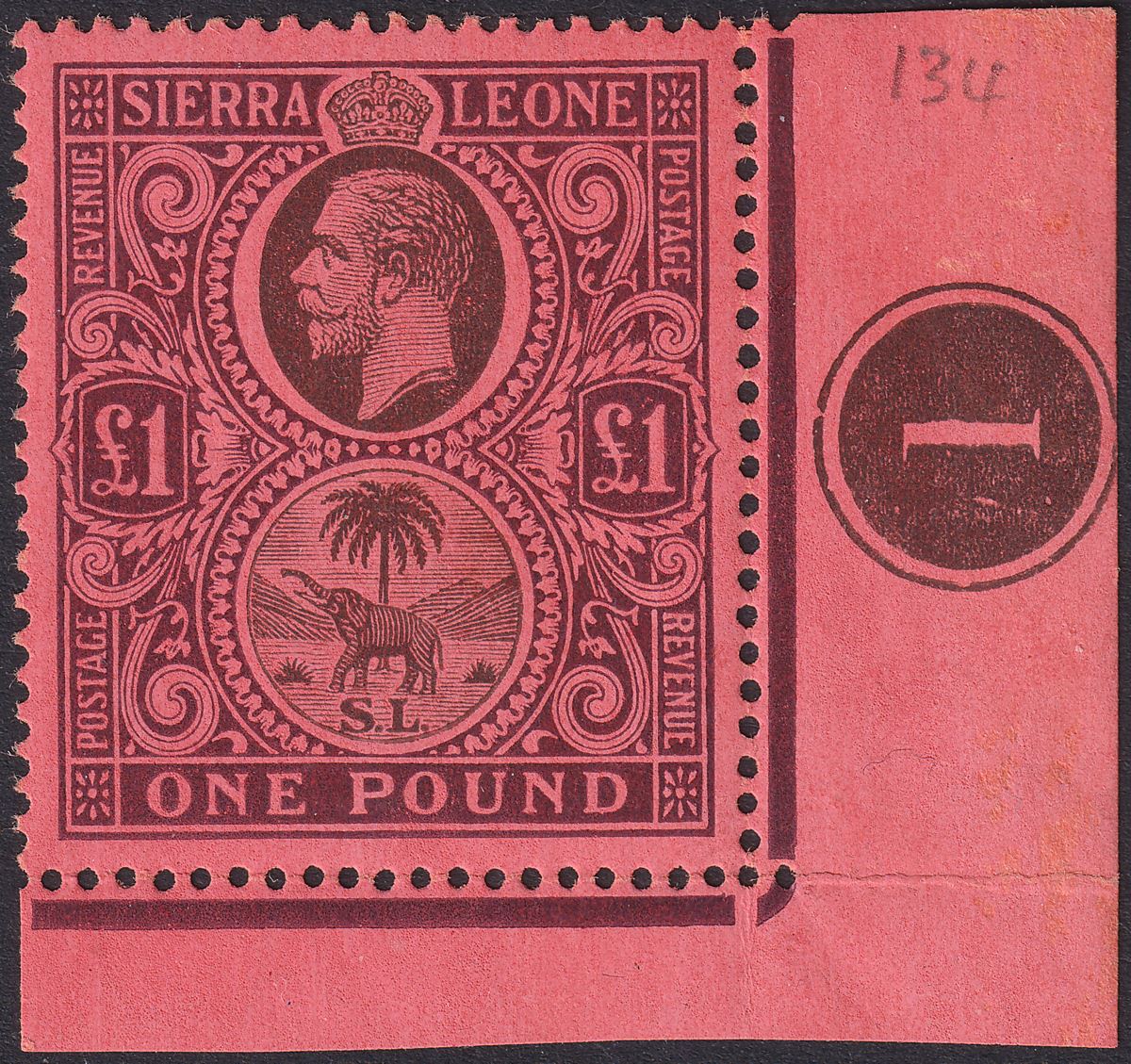 Sierra Leone 1928 KGV £1 Black-Brown + Purple on Red Plate 1 Mint SG128 cat £250