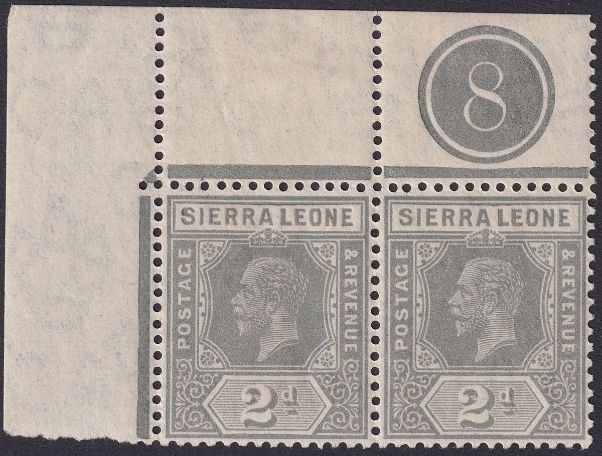 Sierra Leone 1912 KGV 2d Greyish Slate Plate 8 Corner Marginal Pair Mint SG115