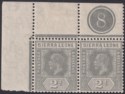 Sierra Leone 1912 KGV 2d Greyish Slate Plate 8 Corner Marginal Pair Mint SG115