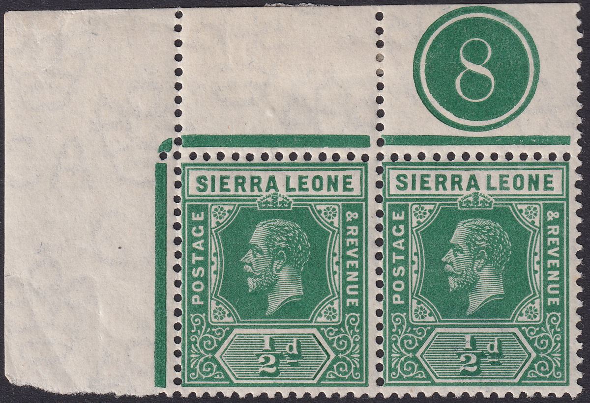 Sierra Leone 1919 KGV ½d Deep Green Plate 8 Corner Marginal Pair Mint SG112b