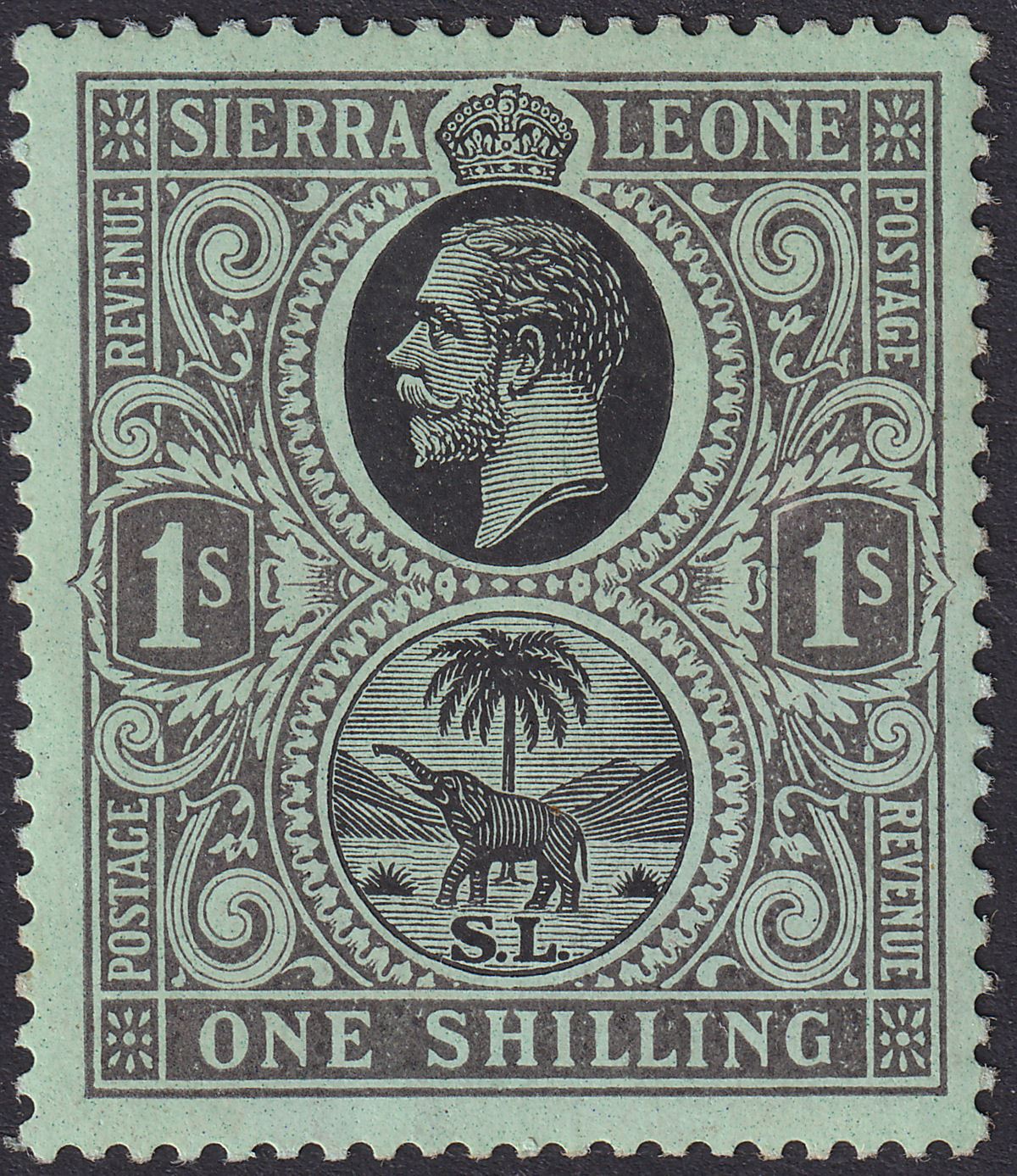 Sierra Leone 1912 KGV 1sh Black on Green wmk Inverted Mint SG124w cat £75