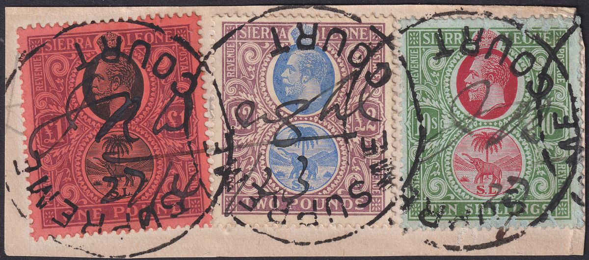 Sierra Leone 1923 KGV £2 + £1 + 10sh Fiscally Used on Piece SG127b SG128 SG129