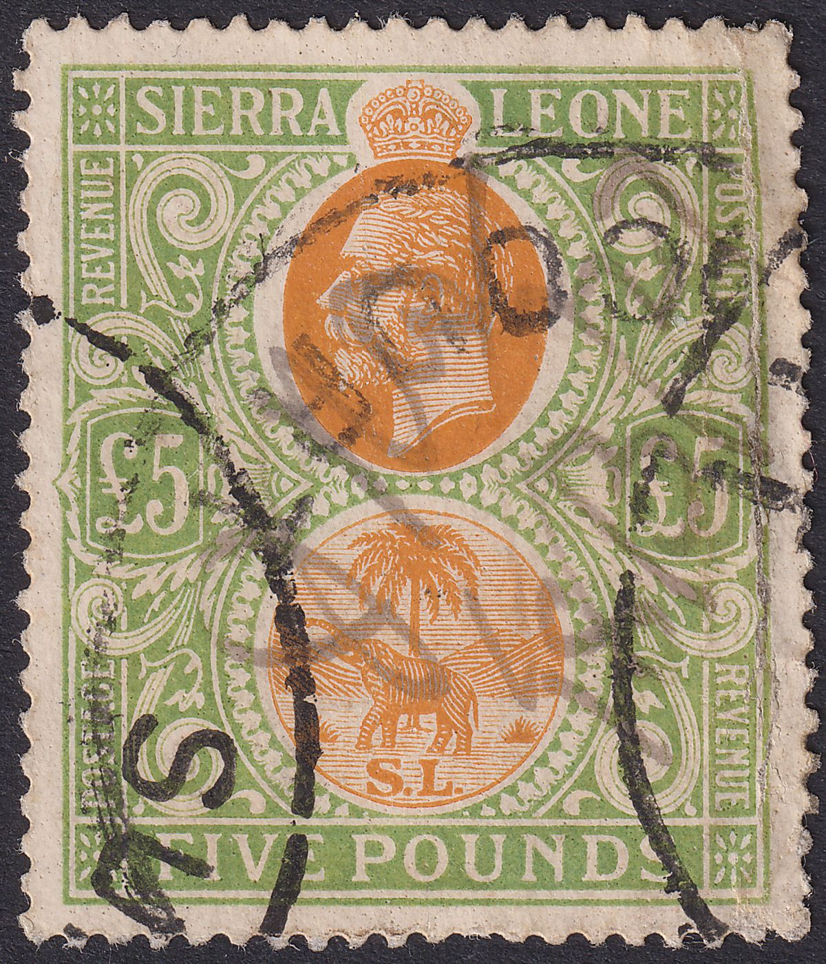 Sierra Leone 1927 KGV £5 Orange + Green Fiscally Used SG148 Court Cancel DAMAGED