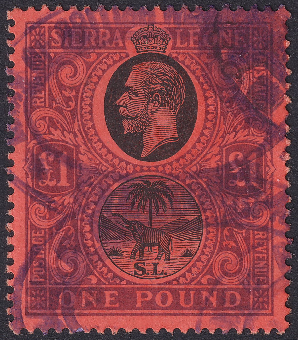 Sierra Leone 1912 KGV £1 Black and Purple on Red Fiscally Used SG128