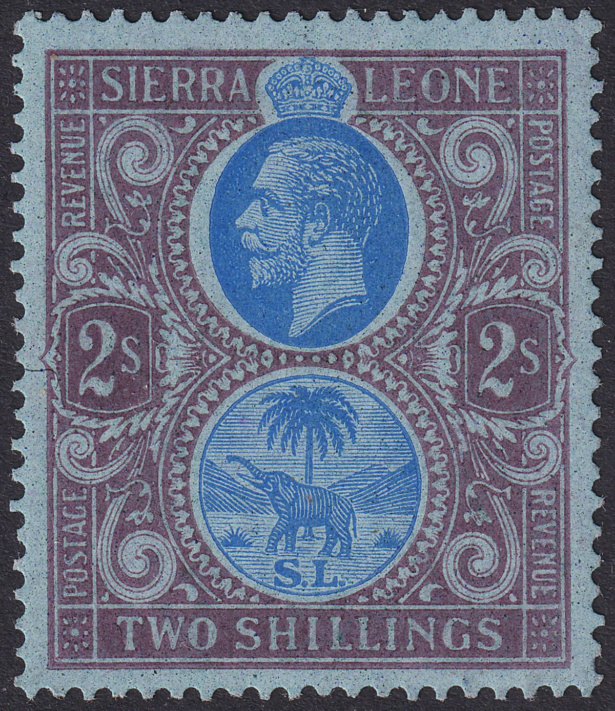 Sierra Leone 1921 KGV 2sh Blue + Purple on Blue wmk Inverted Mint SG144w cat£200