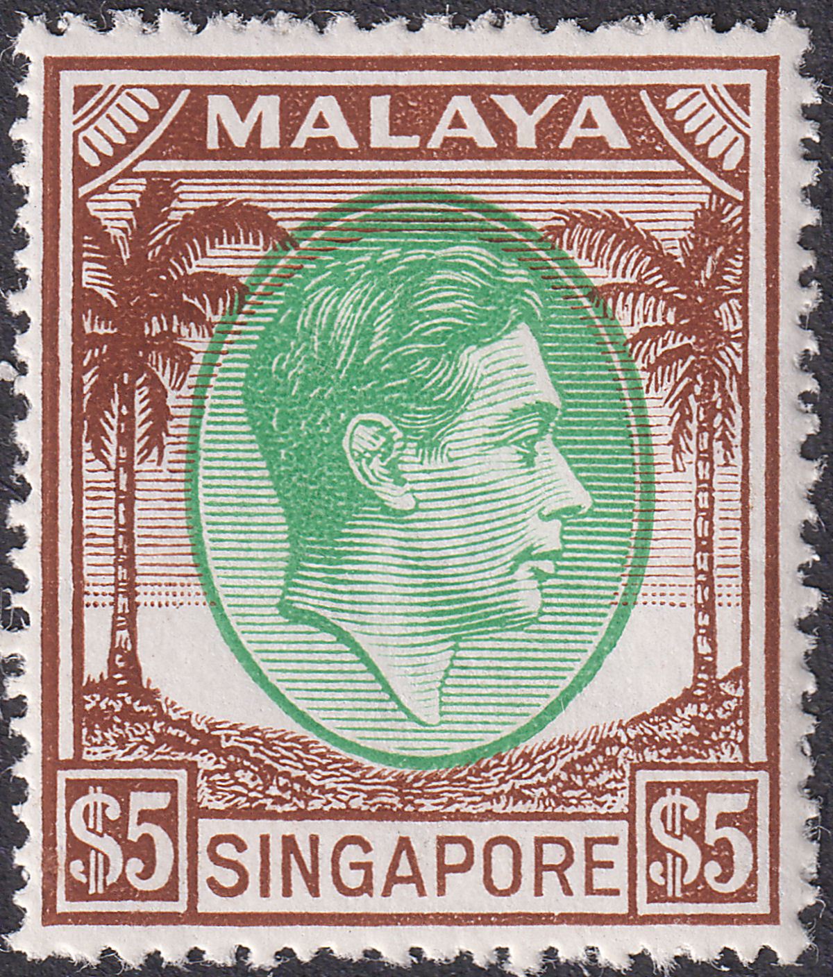 Singapore 1951 KGVI $5 Green and Brown perf 17½x18 Mint SG30 cat £225