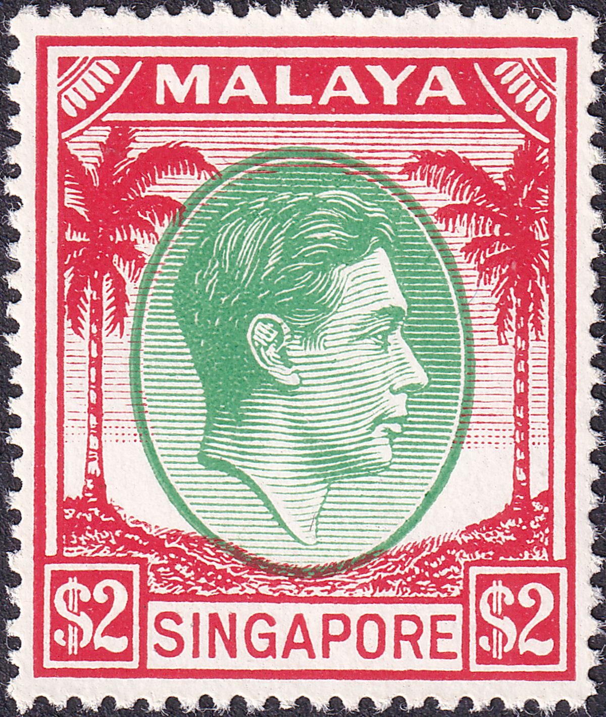 Singapore 1951 KGVI $2 Green and Scarlet perf 17½x18 Mint SG29 cat £110