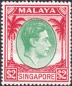 Click for more photos and details Singapore 1951 KGVI $2 Green and Scarlet perf 17½x18 Mint SG29 cat £110