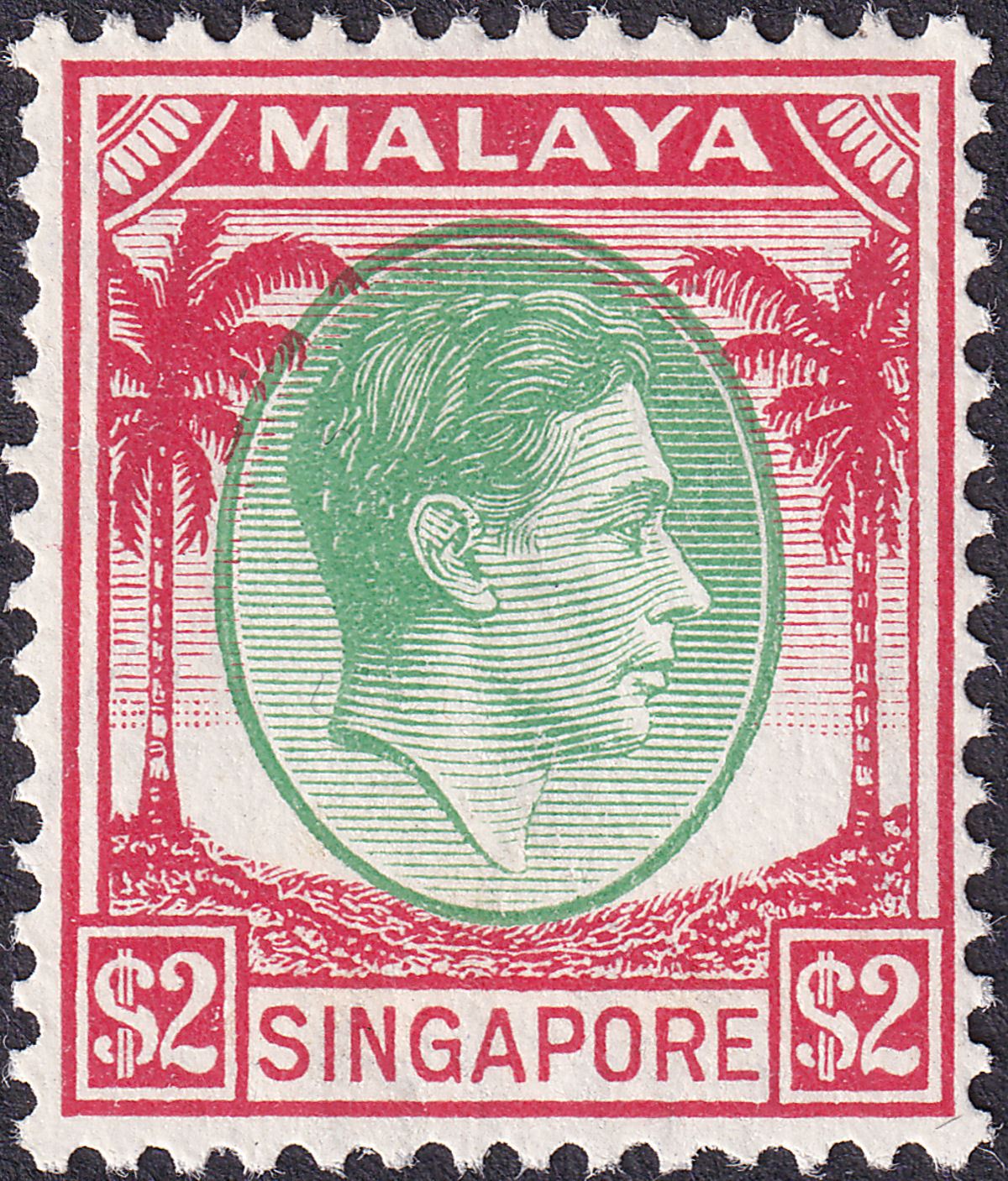 Singapore 1948 KGVI $2 Green and Scarlet perf 14 Mint SG14 cat £50