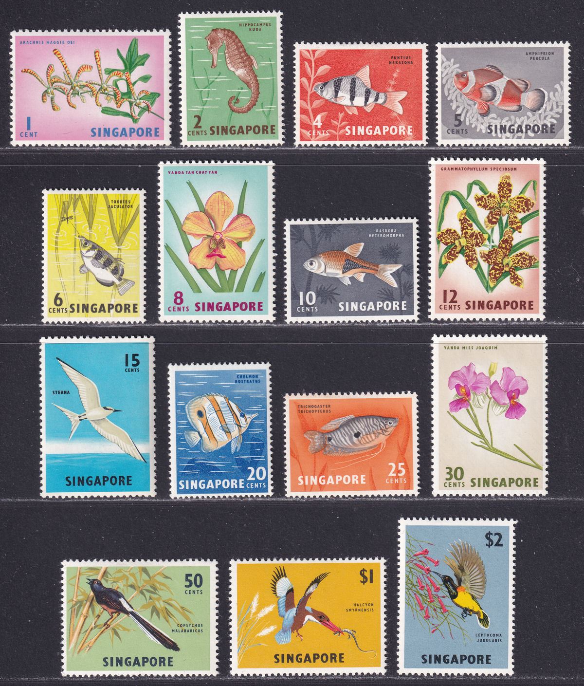 Singapore 1962-66 Fish Birds Orchids Defins Short Set to $2 Mint SG63-76 cat £55