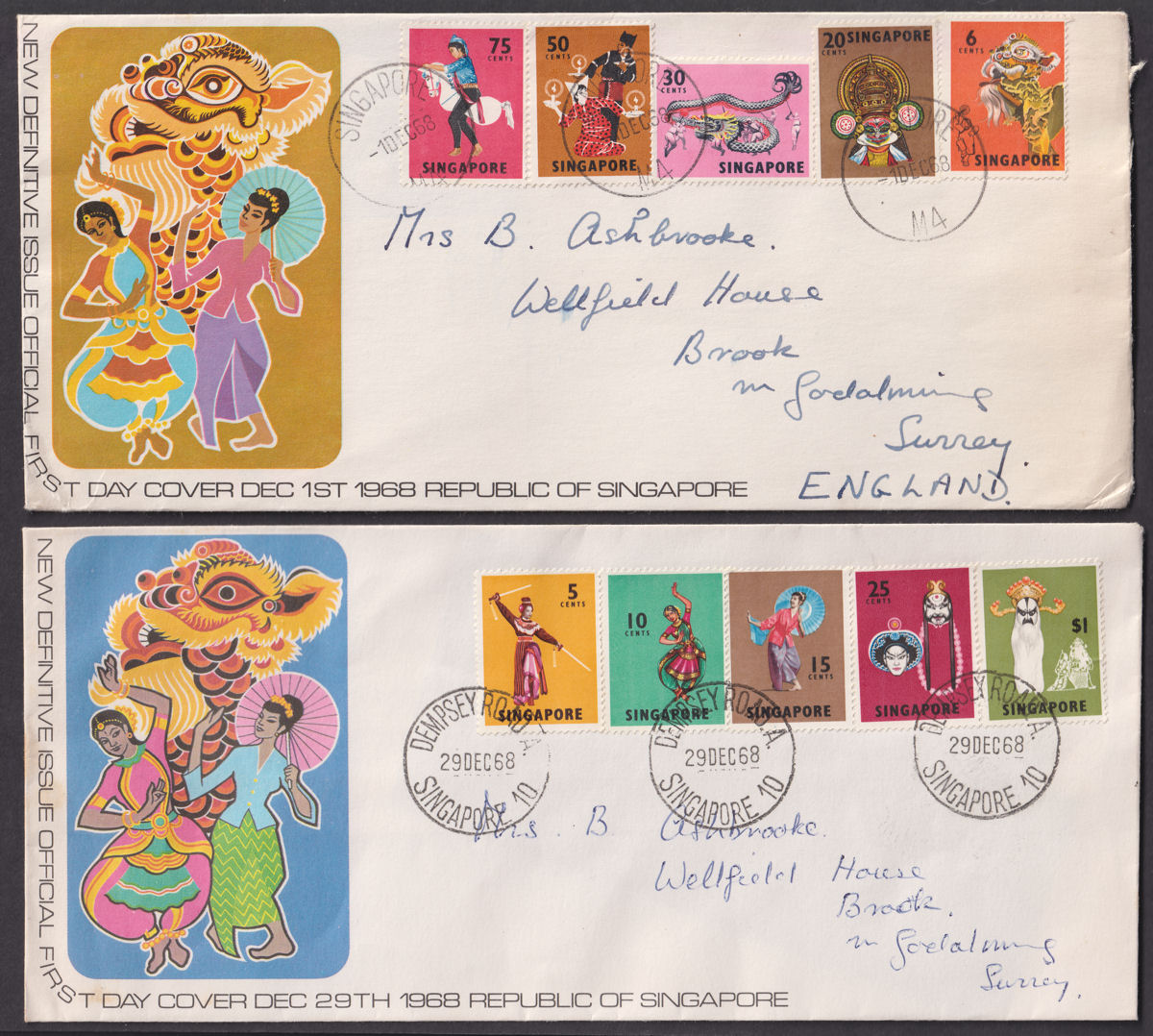 Singapore 1968 Definitive Values to $1 Used on Two Illustrated First Day Covers