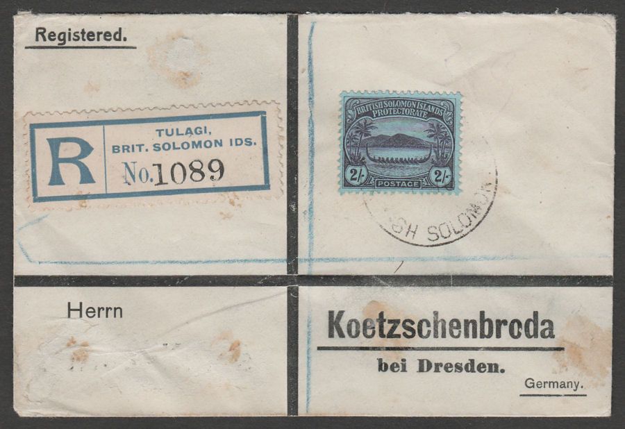 British Solomon Islands 1910 Small Canoe 2sh Used on Registered Cover SG15