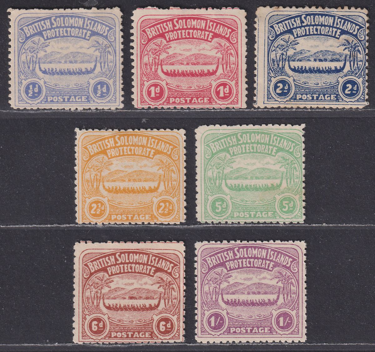 British Solomon Islands 1907 KEVII Large Canoe Set Mostly Unused SG1-7 cat £300