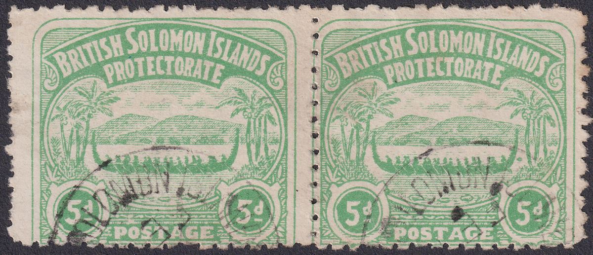 British Solomon Islands 1907 Large Canoe 5d Emerald-Green Pair Used SG5 cat £160