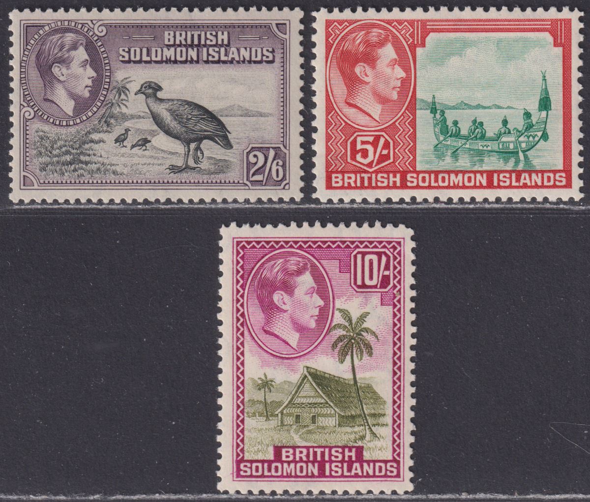 British Solomon Islands 1939 KGVI 2sh6d, 5sh, 10sh Mint SG70-72 cat £80