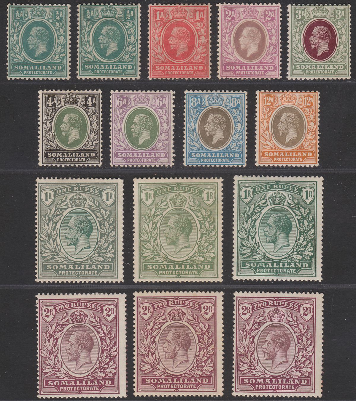 Somaliland Protectorate 1921 KGV Part Set to 2r with shades Mint