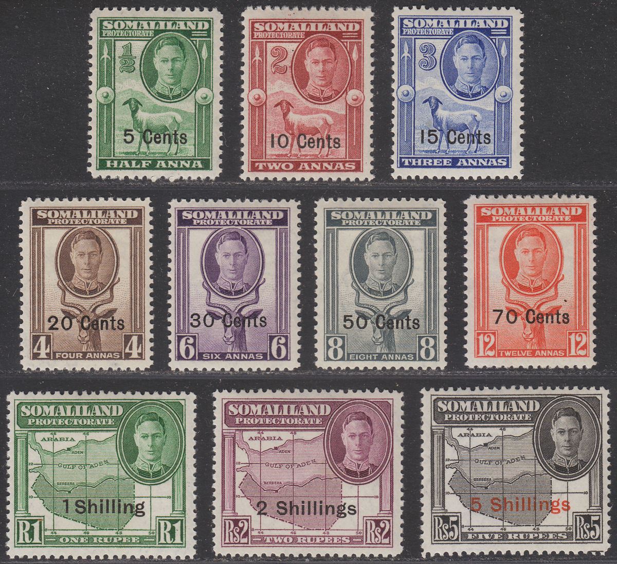 Somaliland Protectorate 1951 KGVI Surcharge Set Mint SG125-135 cat £55