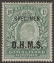 Click for more photos and details Somaliland Protectorate 1904 KEVII Specimen OHMS Service Opt 1r Green SG O15s