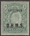 Somaliland Protectorate 1904 KEVII Specimen OHMS Service Opt 1r Green SG O15s