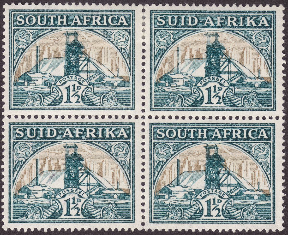 South Africa 1936 KGV 1½d Gold Mine Block Mint with Broken Chimney Variety SG57b