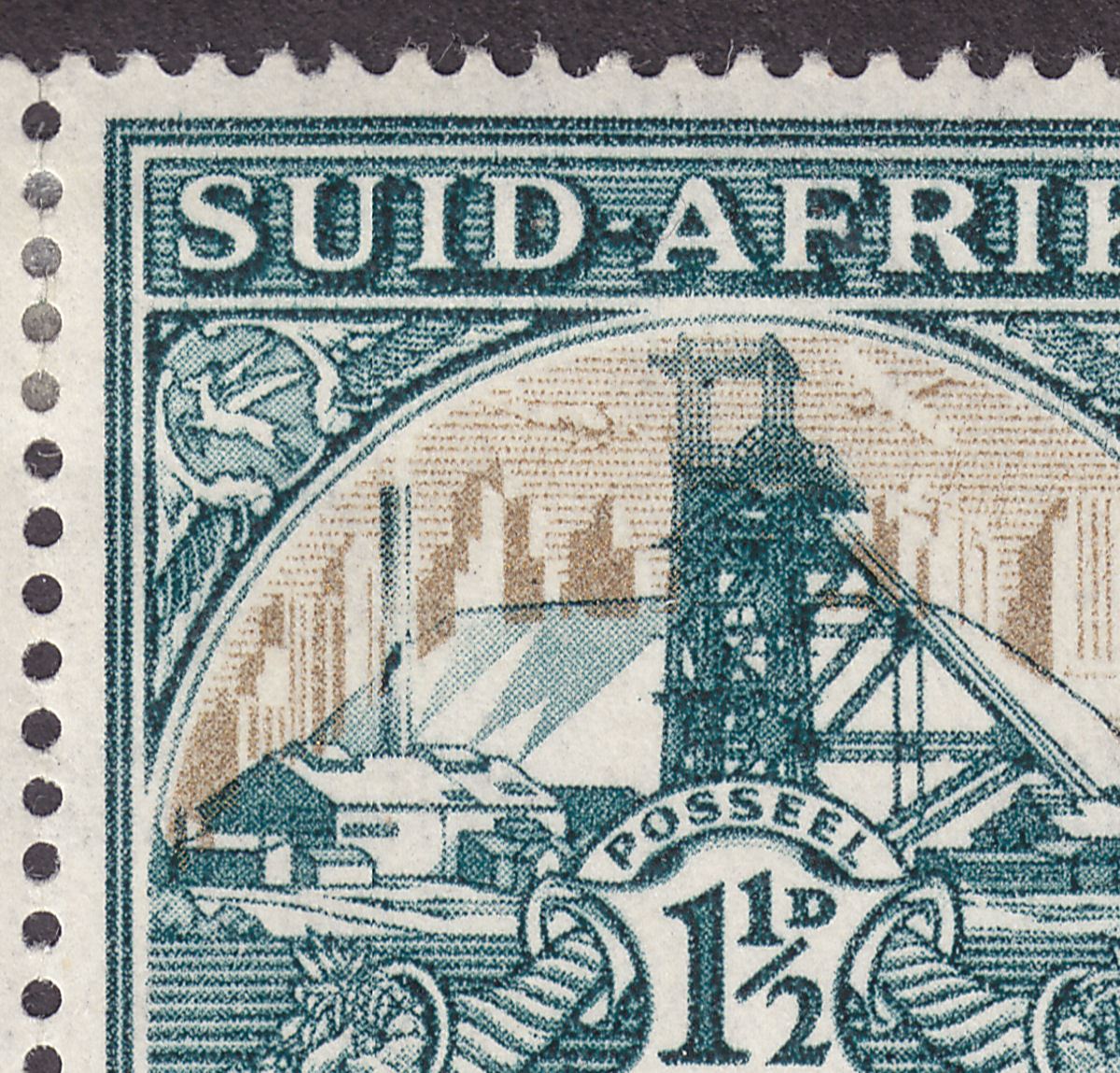 South Africa 1936 KGV 1½d Gold Mine Block Mint with Broken Chimney Variety SG57b