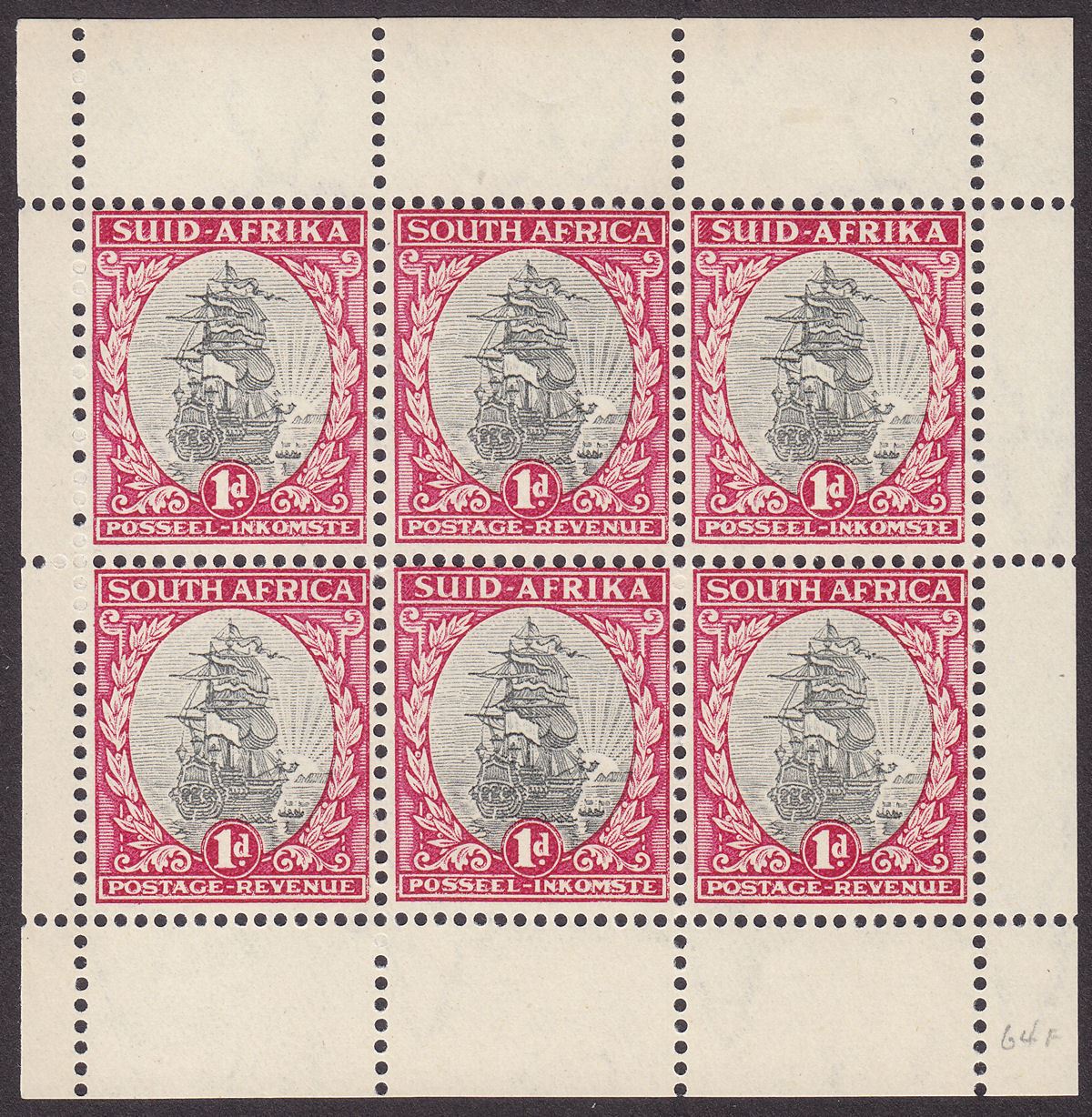 South Africa 1937 KGV Dromedaris 1d Booklet Pane of 6 Mint SG56f cat £38
