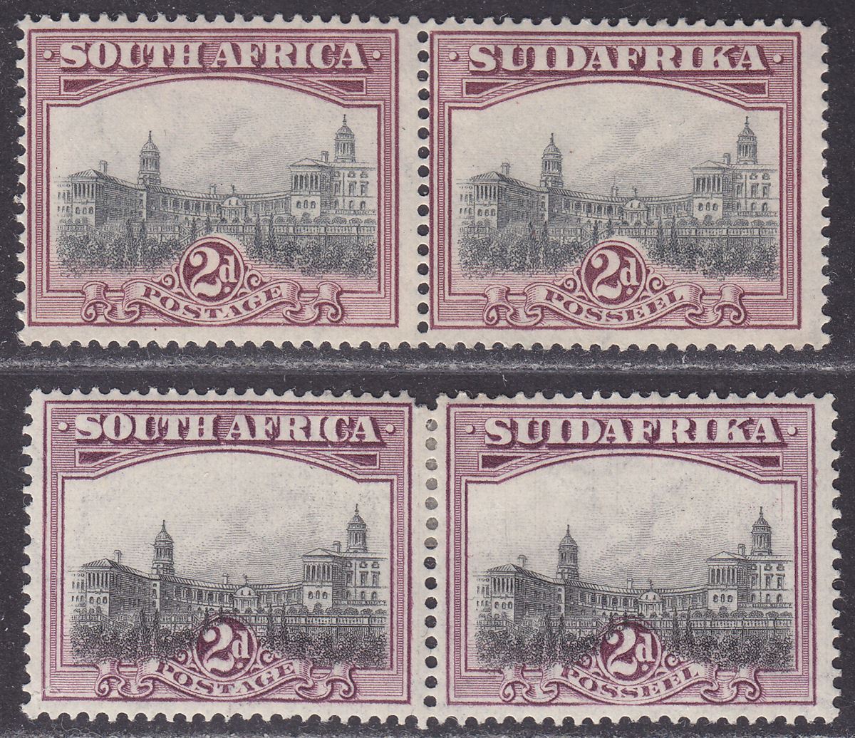 South Africa 1927-30 KGV Union Buildings 2d p14, p14x13½ Pairs Mint SG34-34b £66