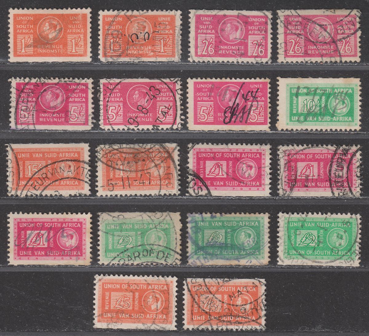 South Africa 1943 KGVI Revenue Reduced Size Part Set to £5 Used Fiscal