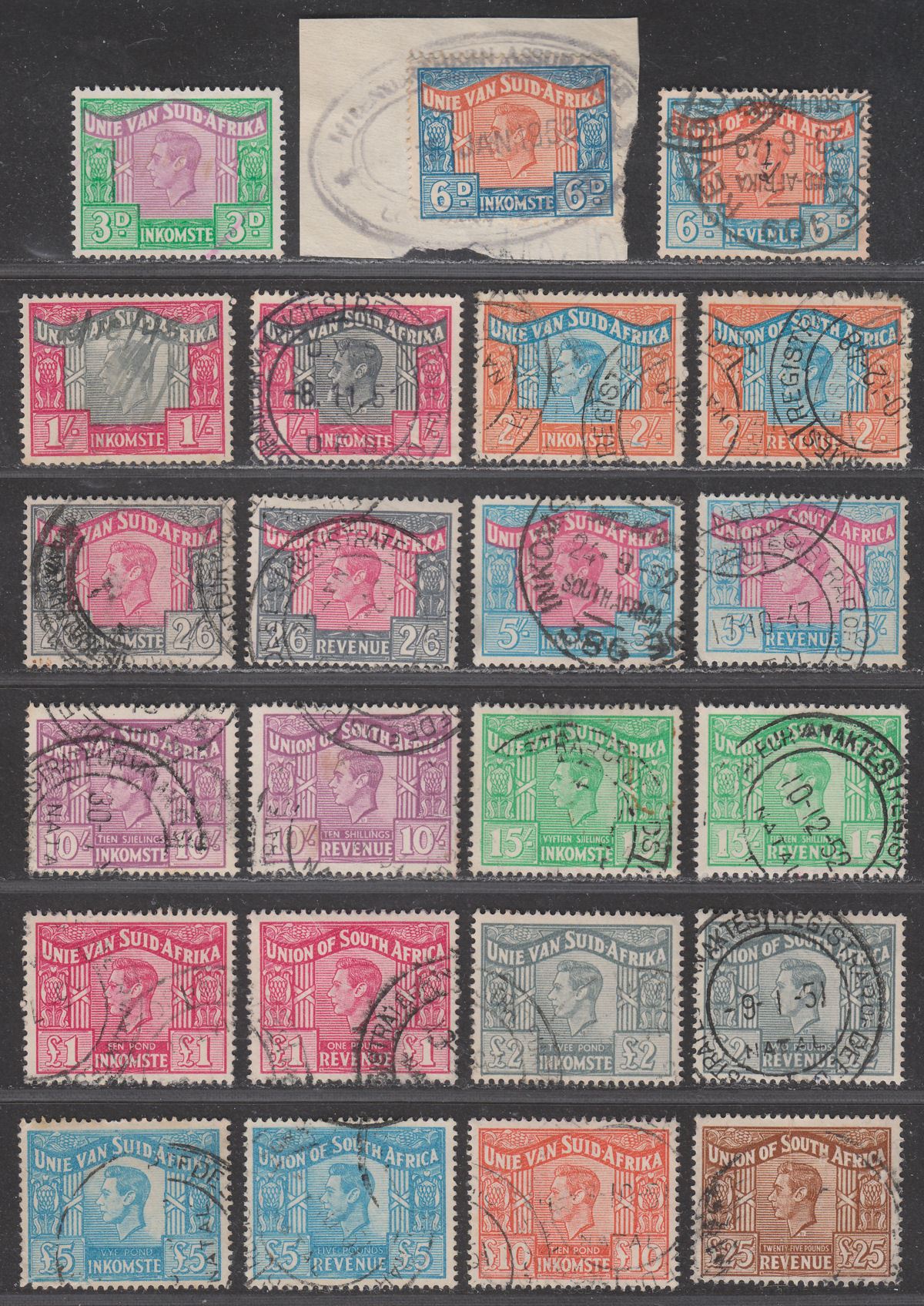 South Africa 1946 KGVI Revenue Selection to £25 Used Fiscal